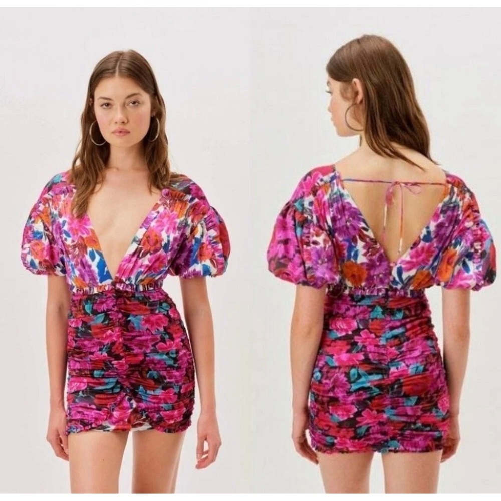 For Love & Lemons Cassandra Mini Dress Floral Ruched Puff Sleeve Mini Dress Sz S